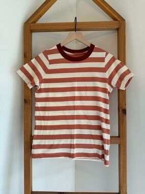 Madewell Striped Tee in Rust and Cream with Maroon Neckline